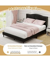 Queen Size Upholstered Bed Frame with Nailhead Trim Headboard Wooden Slats Support