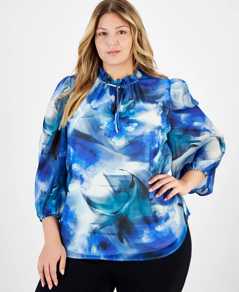 Anne Klein Plus Watercolor-Print Ruffled-Neck Top