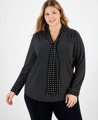 Anne Klein Plus Dot-Print Scarf-Neck Long-Sleeve Top