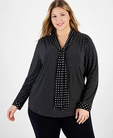 Anne Klein Plus Dot-Print Scarf-Neck Long-Sleeve Top