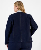 Anne Klein Plus Open-Front Collarless Denim Jacket