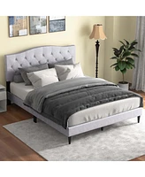 Queen Size Upholstered Platform Bed Linen Bed Frame with Button Tufted Headboard