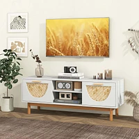 Costway Tv Stand for 55-Inch TVs with 2 Drawers & Woven Fronts Solid Wood Legs