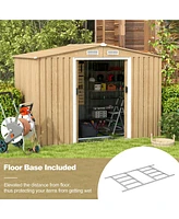 Costway 8 × 6 Ft Outdoor Storage Shed Galvanized Steel Shed with Base Floor Wood Grain