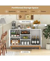 Costway 48" Sideboard Buffet Cabinet with 2 Bamboo Woven Doors 3 Open Shelves for Kitchen