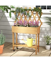 Costway Wood Raised Garden Bed with Trellis Storage Shelf Wheels Liner Drainage Holes