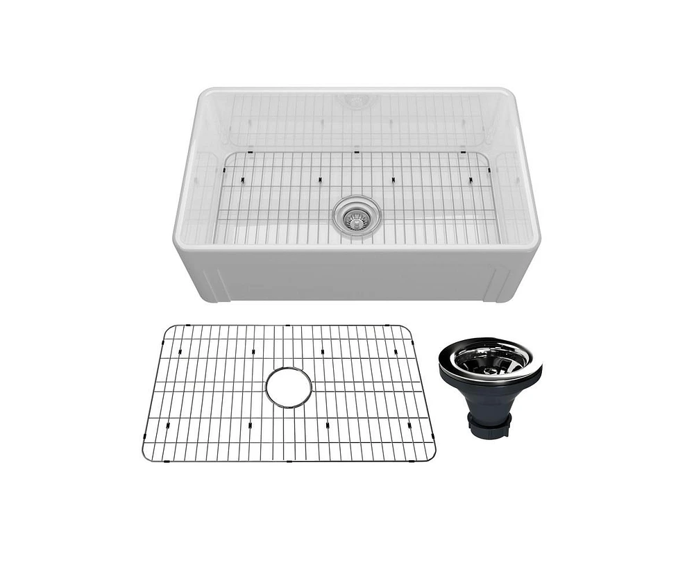 Casainc 30" Frame Design Reversible Installation Fireclay Kitchen Sink With Grid and Drainer