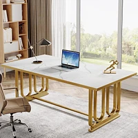 Tribesigns 70.87" Executive Desk, Modern Office Desk, Wooden Home Office Desk, Rectangular White Computer Desk with Golden Metal Legs, Large Workstati