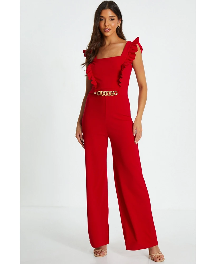 Quiz Women's Scuba Crepe Frill Sleeve Chain Belt Palazzo Jumpsuit