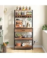 Tribesigns Bakers Rack with Power Outlets, 5-Tier Kitchen Storage Shelf, Microwave Oven Stand with Drawer, 65”H Coffee Bar Table, Kitchen Rack