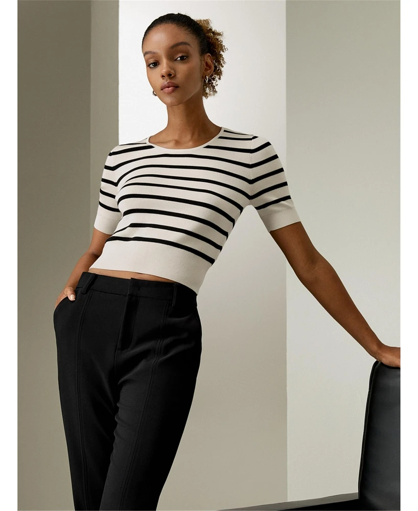 Lilysilk Women's Silk Striped Cropped Knit Top