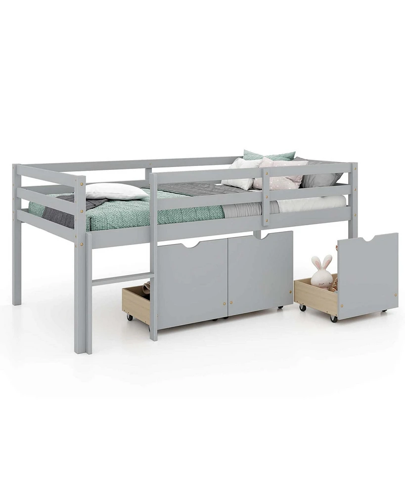 Costway Twin Low Loft Bed with 3 Drawers Ladder & Full-length Guardrails Storage