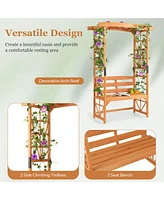 Costway Patio Garden Arbor with Pergola Bench 2 Trellises for Climbing Plants Vines Grapes