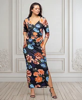 24seven Comfort Apparel Women's Black Floral Side Slit Maxi Dress