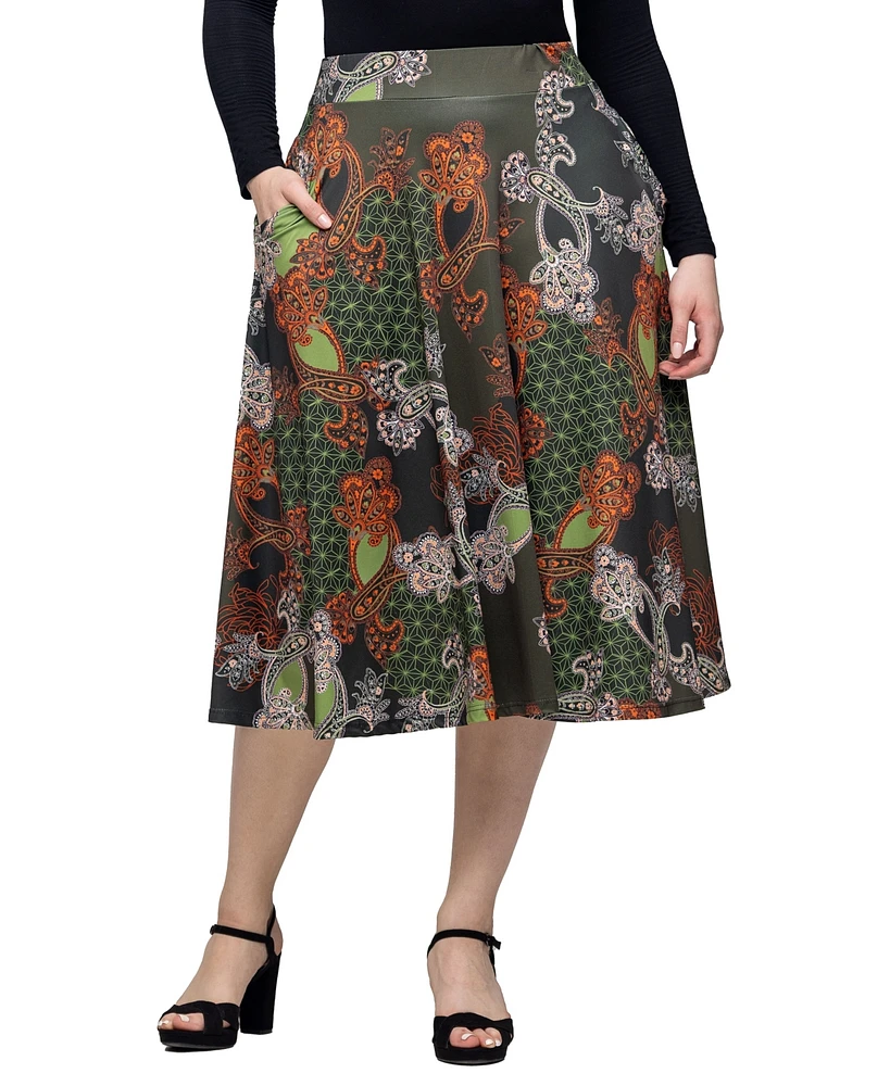 24seven Comfort Apparel Women's Print Elastic Waist Pocket Midi Skirt