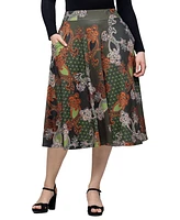 24seven Comfort Apparel Women's Print Elastic Waist Pocket Midi Skirt