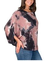 24seven Comfort Apparel Women's Mocha Tie Dye Batwing Sleeve Relaxed Fit Top