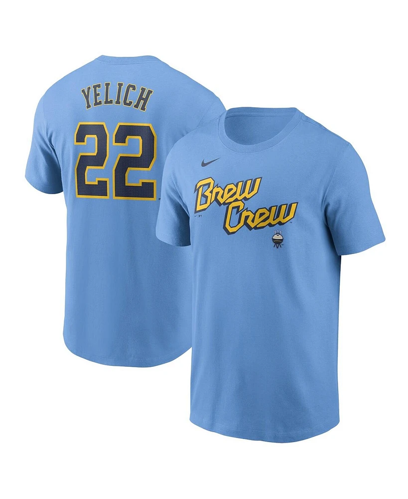 Nike Men's Christian Yelich Powder Blue Milwaukee Brewers City Connect Fuse Name Number T-Shirt