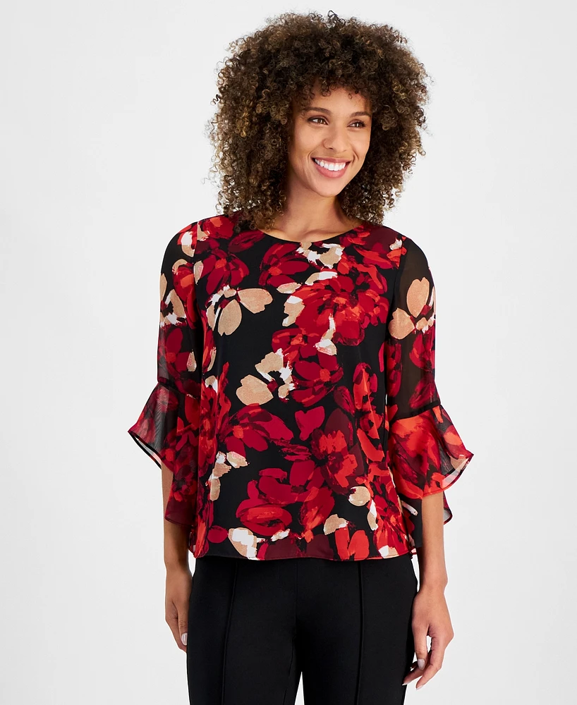 Kasper Women's Floral-Print Bell-Sleeve Scoop-Neck Top, Regular and Petite Sizes