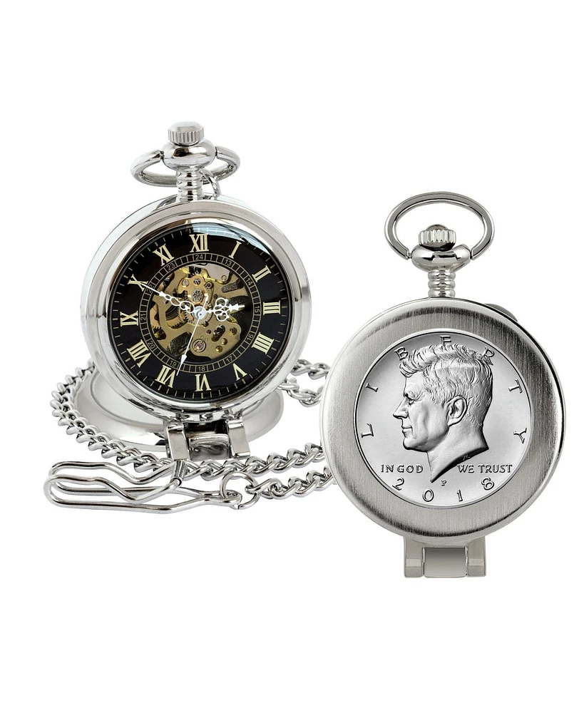 American Coin Treasures 16265 Jfk Half Dollar Coin Pocket Watch with Skeleton Movement, Black Dial with Gold Roman Numerals - Magnifying Glass