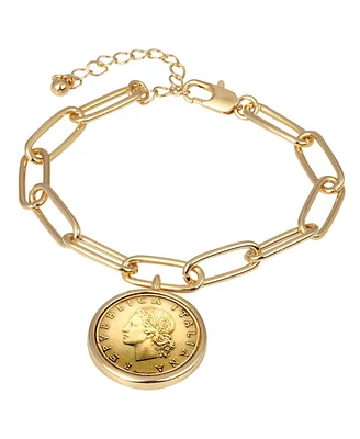 American Coin Treasures 16457 Italian 20 Lira Coin Goldtone Elongated Link Bracelet