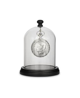 American Coin Treasures 17133 14 in. Glassed Dome with Pine Wood Base & 1800s Morgan Silver Dollar Coin Pocket Watch Tabletop Decor, Silver