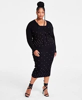 Nina Parker Trendy Plus Size Embellished Rib Knit Cardigan Tank Skirt