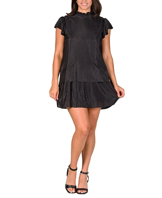 24seven Comfort Apparel Women's Ruffle Cap Sleeve High Neck Pleated Mini Dress