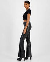 Dollhouse Juniors' Exposed Button-Fly Faux-Leather Flare Pants