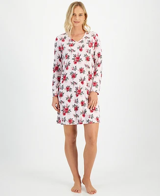 Charter Club Women's Poinsettia-Print Long-Sleeve Sleep Shirt, Created for Macy's