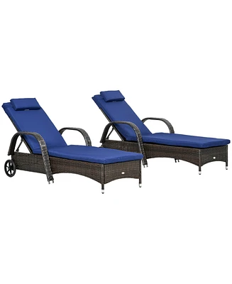 Outsunny Outdoor Pe Rattan Sun Bathing Chair w/ Cushion & Pillow, Brown/Dark Blue