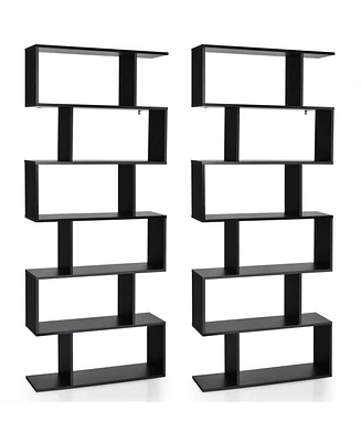 Gymax 2 Pcs 6 Tier S-Shaped Bookshelf Storage Display Bookcase Z-Shelf White