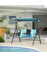 Outsunny 2 Person Porch Swing with Canopy, Storage Table, Cup Holder, Blue