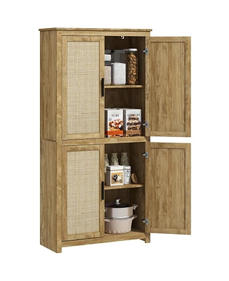 Homcom 64" Rattan Kitchen Storage Cabinet with Adjustable Shelf, Natural