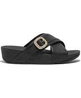 FitFlop Women's Lulu Crystal Buckle Leather Cross Slides Flats