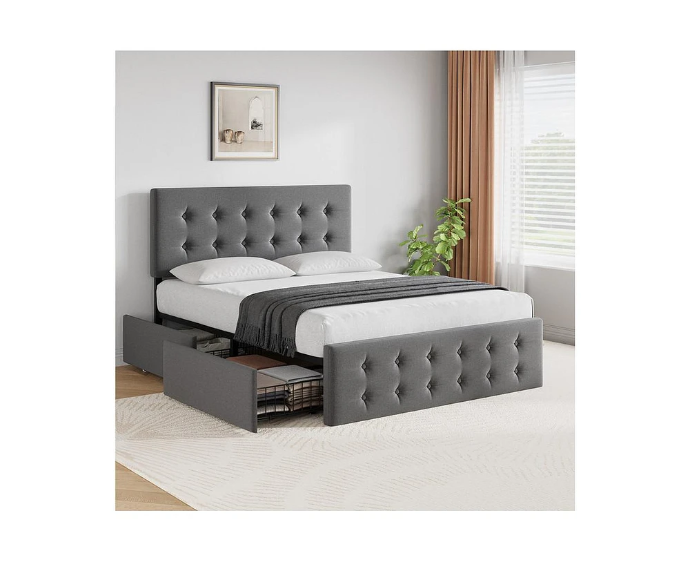 gaomon Grey Queen Size Bed Frame with 4 Storage Drawers and Upholstered Headboard, Platform Bed Frame with Adjustable Headboard, No Box Spring Needed,