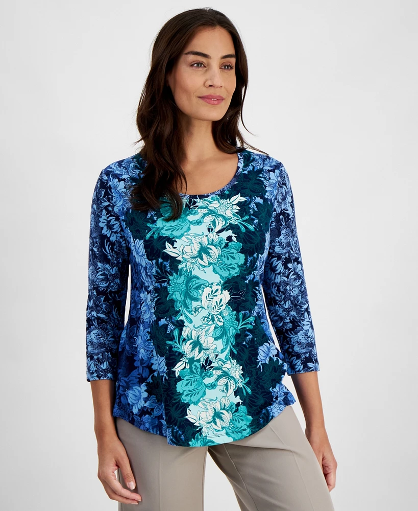 Jm Collection Petite Ombre Floral 3/4-Sleeve Top, Created for Macy's