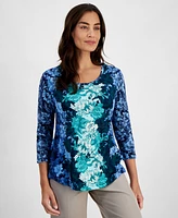 Jm Collection Petite Ombre Floral 3/4-Sleeve Top, Created for Macy's