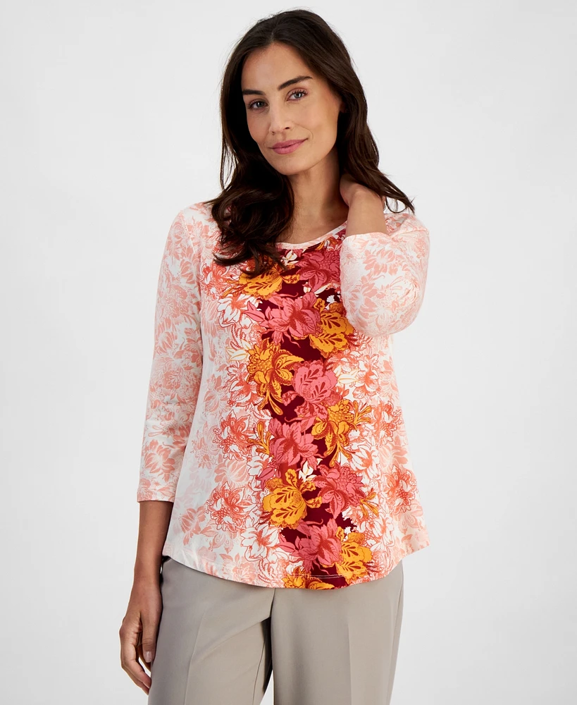 Jm Collection Petite Ombre Floral 3/4-Sleeve Top, Created for Macy's