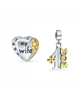 Bling Jewelry Set Of Two Tone Heart Shaped Words My Wife Number One Mom #1 Dangle Charm Bead For Women Mother Fit European Bracelet Oxidized Gold Plat