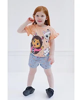 Dreamworks Gabby's Dollhouse Toddler Girls Pandy Paws Cakey Cat T-Shirt and Chambray Shorts Outfit Set to