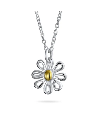 Bling Jewelry Summer Spring Time Two Tone Charm Sunflower Daisy Flower Pendant Necklace For Women Yellow Gold Plated Sterling Silver