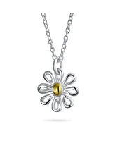 Bling Jewelry Summer Spring Time Two Tone Charm Sunflower Daisy Flower Pendant Necklace For Women Yellow Gold Plated Sterling Silver