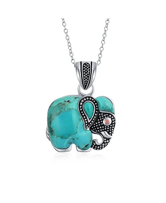 Bling Jewelry Bali Indian Style Tribal Elephant Natural Stone Pendant Oxidized Sterling Silver Necklace With Chain