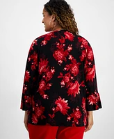 Jm Collection Plus Printed Tie-Neck Tunic Top, Created for Macy's