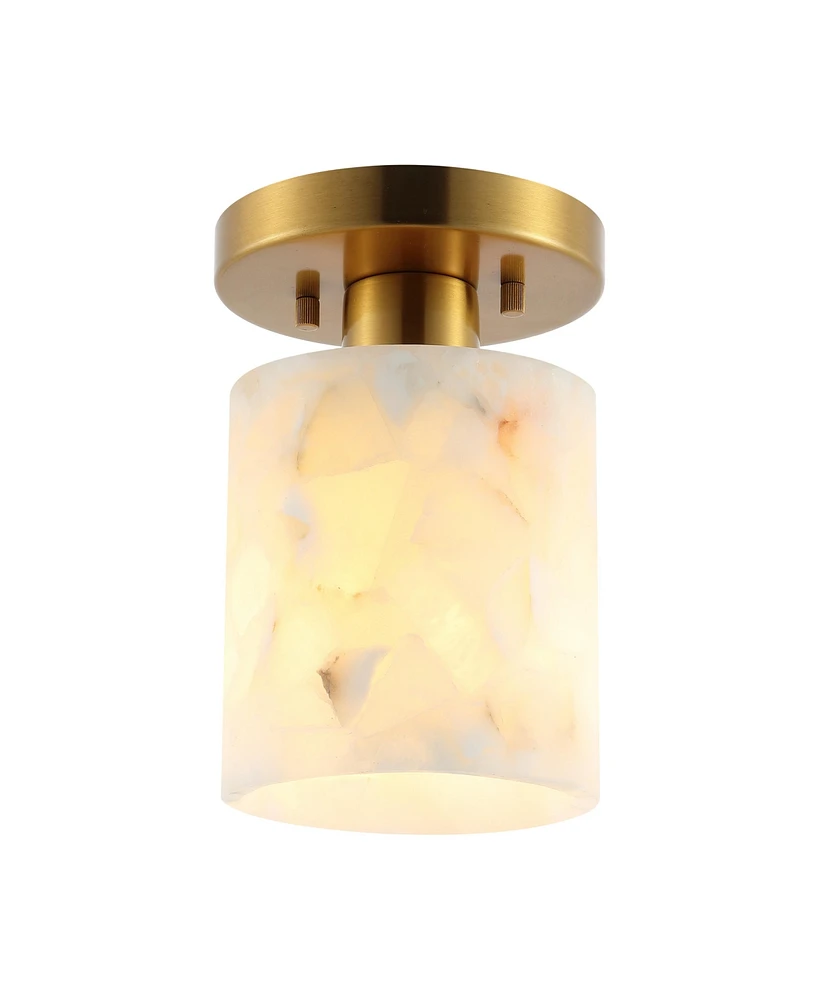 Jonathan Y Jules 5.13" 1-Light Modern Contemporary Alabaster/Iron Cylinder Led Semi Flush Mount, White Marbling/Brass Gold