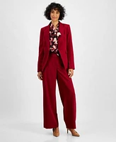 Tahari Asl Womens One Button Blazer Tie Neck Blouse Wide Leg Pants