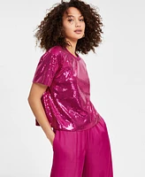 Bar Iii Women's Sequin Short-Sleeve Crewneck Top, Created for Macy's