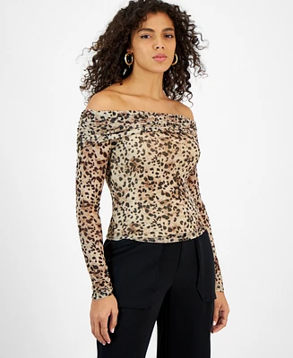 Bar Iii Women's Printed Off-The-Shoulder Mesh Top, Created for Macy's