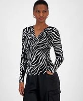 Bar Iii Women's Zebra-Print Long-Sleeve Blouse, Created for Macy's